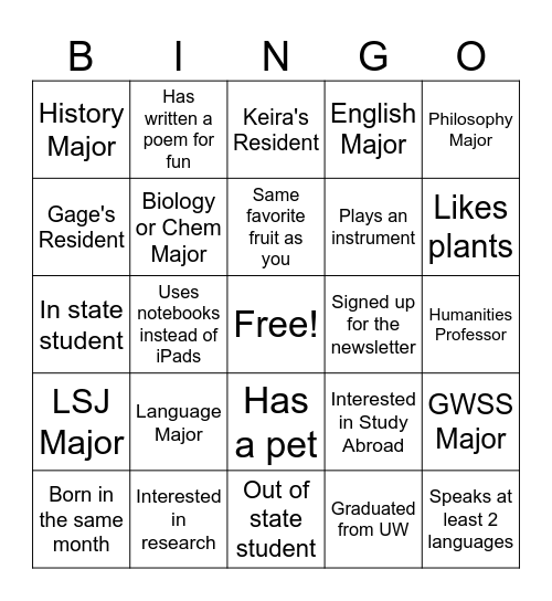 Humanities Bingo Card