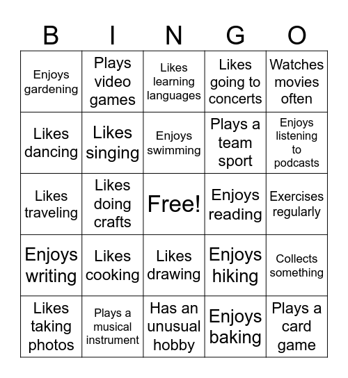 Hobbies Bingo Card