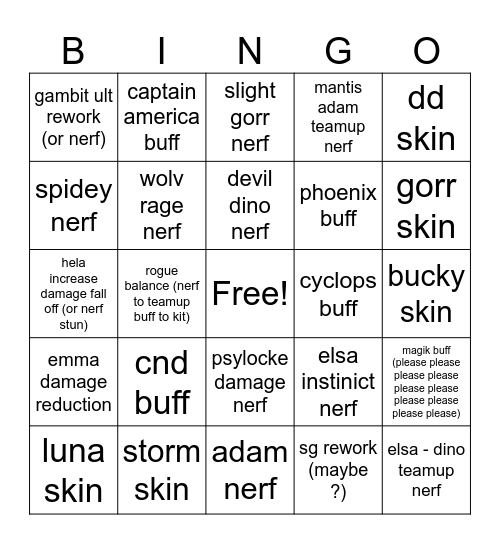 season 10.5 changes Bingo Card