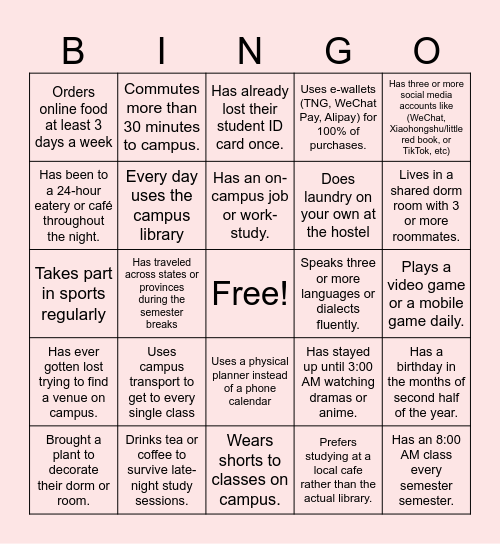 Students Exchange Bingo Card