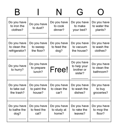 What chores do you have to do? Bingo Card