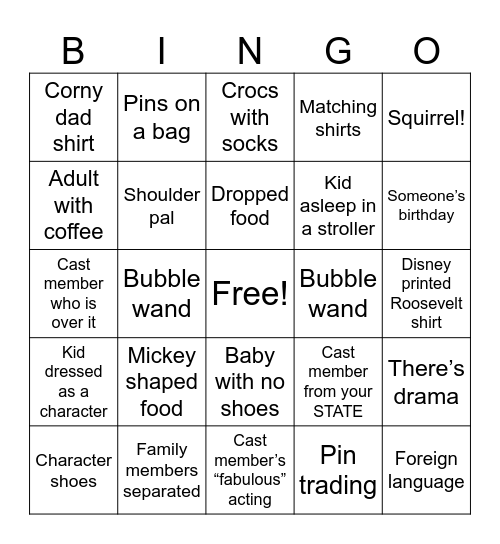 Disney World Bingo Card