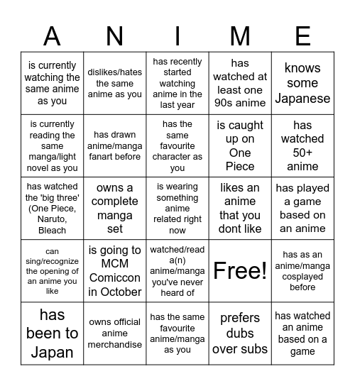 Anime Human Bingo! Find a person who... Bingo Card