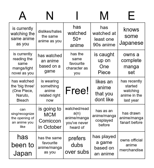 Anime Human Bingo! Find a person who... Bingo Card