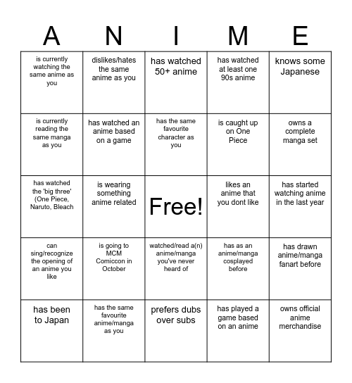 Anime Human Bingo! Find a person who... Bingo Card