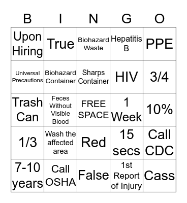 BBP, Chemical Hygiene, & OSHA Bingo Card