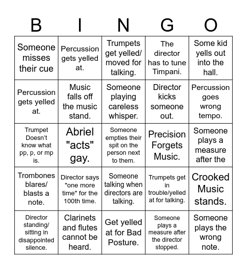 Band Room Bingo Card