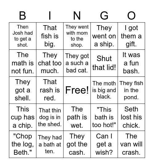 sh ch th sentences Bingo Card