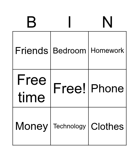 Teenagers Bingo Card