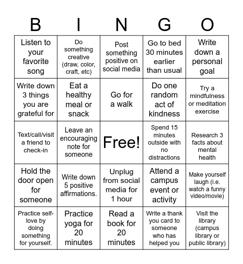 Mental Health Awareness BINGO Card