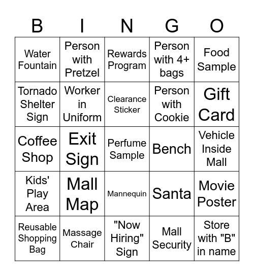 Mall Selfie Bingo Card