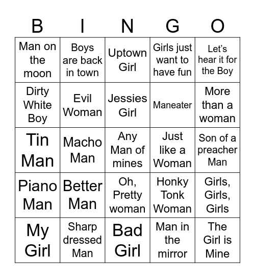 Gender theme songs Bingo Card