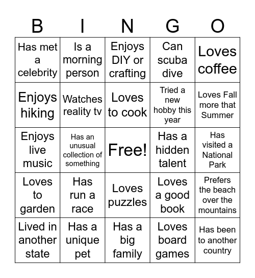 Get to Know You Bingo Card