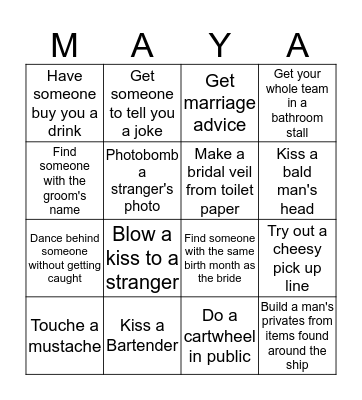 Maya's Bachelorette Bingo Card