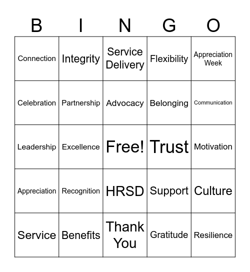 HRSD Appreciation Week Bingo Card