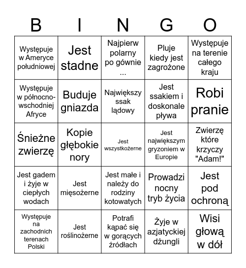 Podaj zwierzę które: Bingo Card