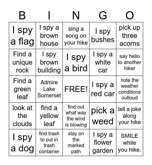 Cub Scout Hiking Bingo Card