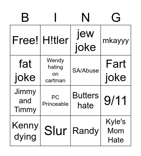 South Park Bingo Card