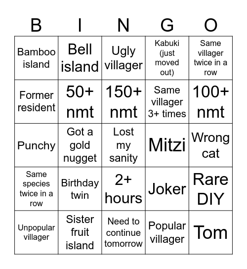 Villager Hunt Bingo Card