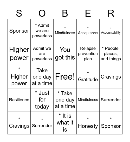 Chemical Dependency Bingo Card