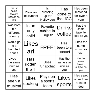 Getting to Know You Bingo Card