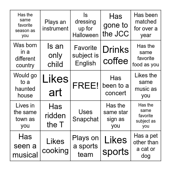Getting to Know You Bingo Card