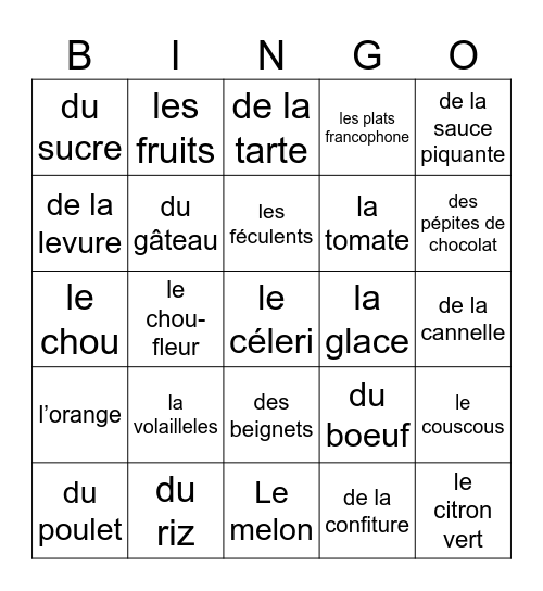 la nourriture Bingo Card