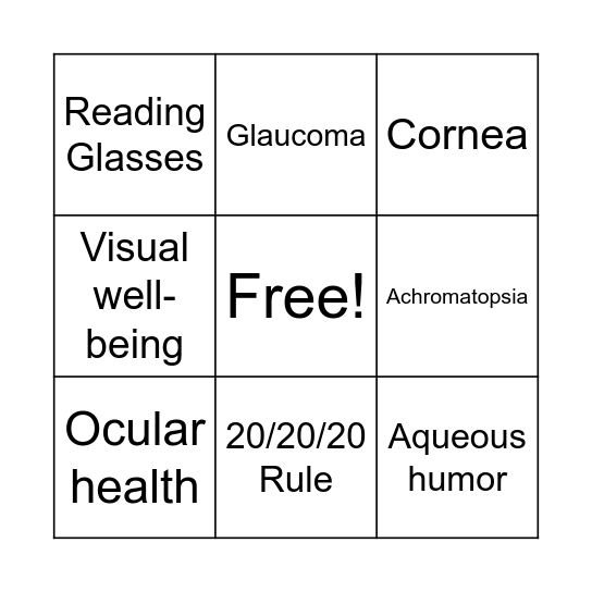 Eye Care and Health Bingo Card