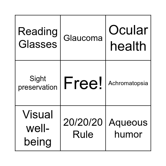 Eye Care and Health Bingo Card