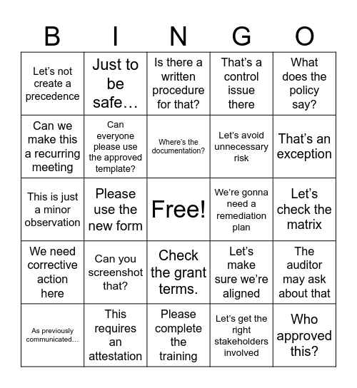Compliance BINGO Card