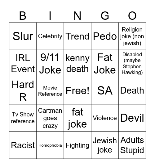 South Park Bingo Card