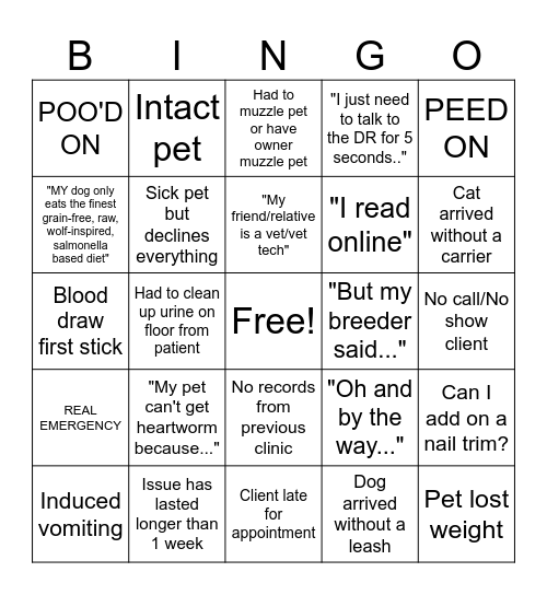 Vet Tech Bingo Card