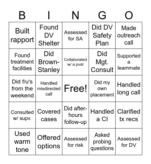 Customer Service Bingo Card