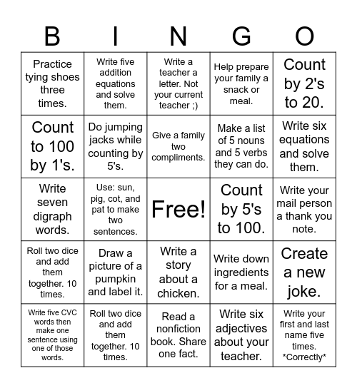 First Grade Homework Bingo Card
