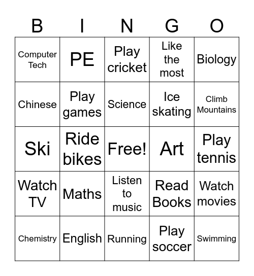 Hobbies and Subjects Bingo Card