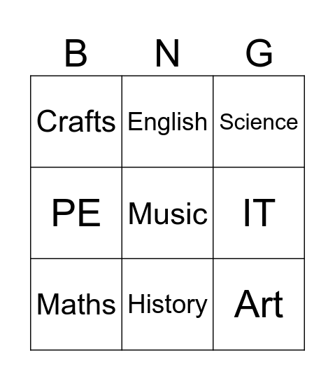 Subjects Bingo Card