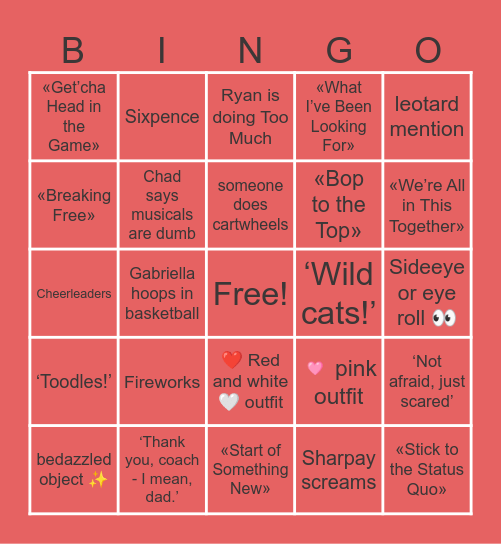 High School Musical Bingo Card