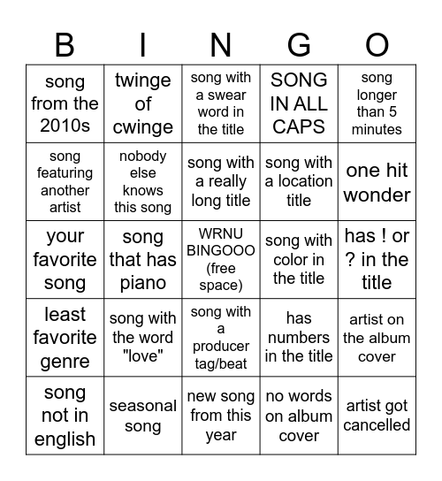 WRNU BINGOOOOO Bingo Card