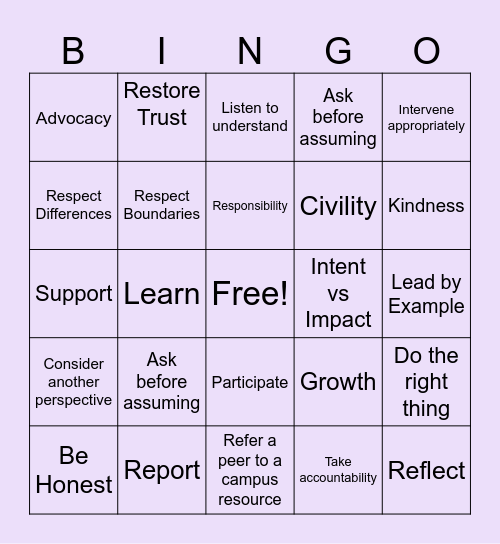 Community Standards Bingo Card