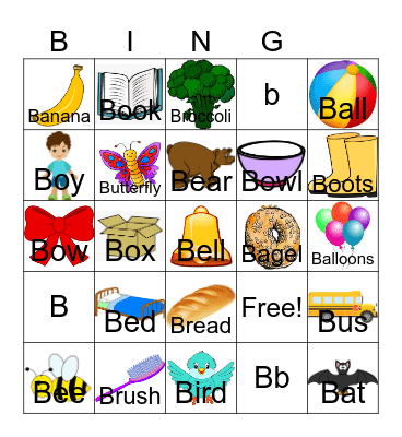 Letter B Bingo Card