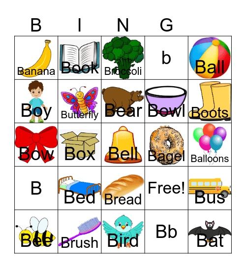 Letter B Bingo Card