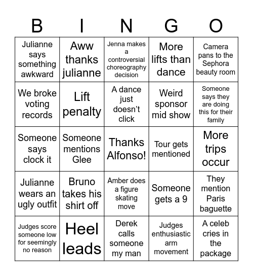 Dancing with the Stars Bingo Card