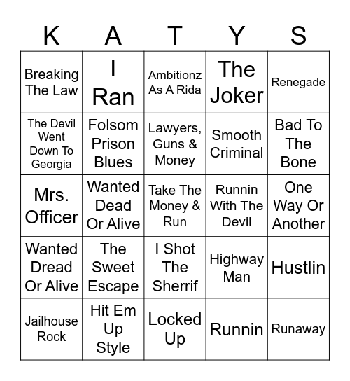 On The Run Bingo Card