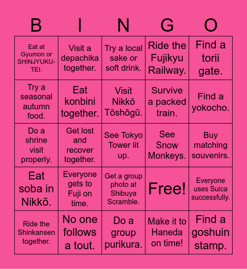 Group Adventure Bingo Chart Bingo Card