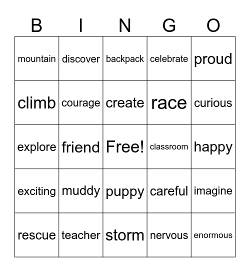 Noun, Verb, Adjective BINGO Card