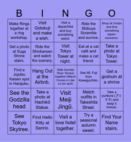 Couples Japan Trip Bingo Chart Bingo Card