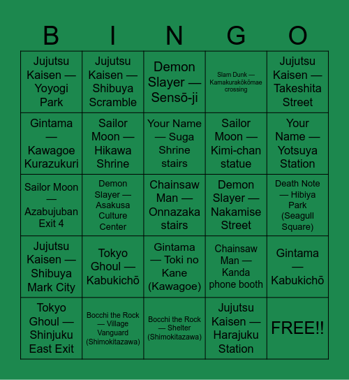 Anime Location Bingo Card