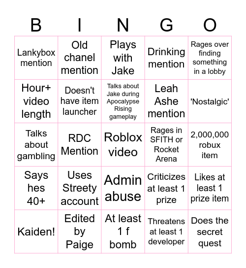 Flamingo 20th Anniversary Hunt video BINGO Card