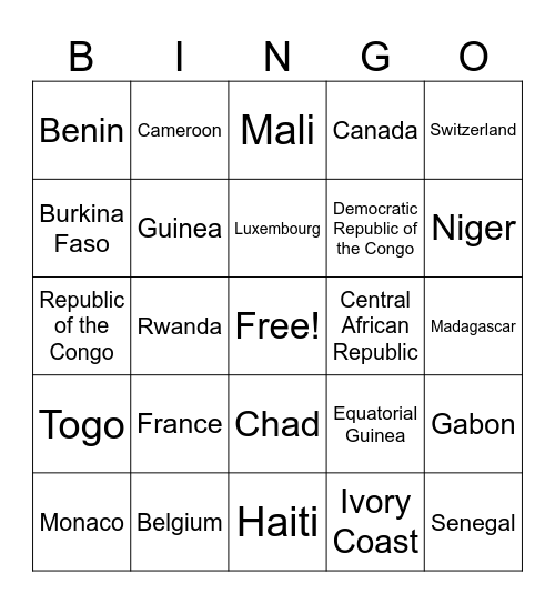 French Speaking Countries Bingo Card