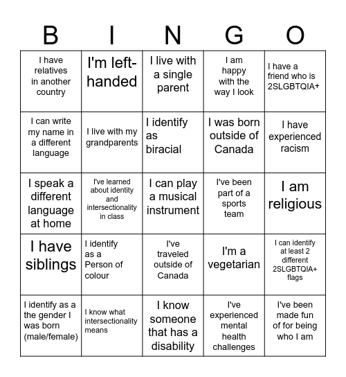 Identity Bingo Card